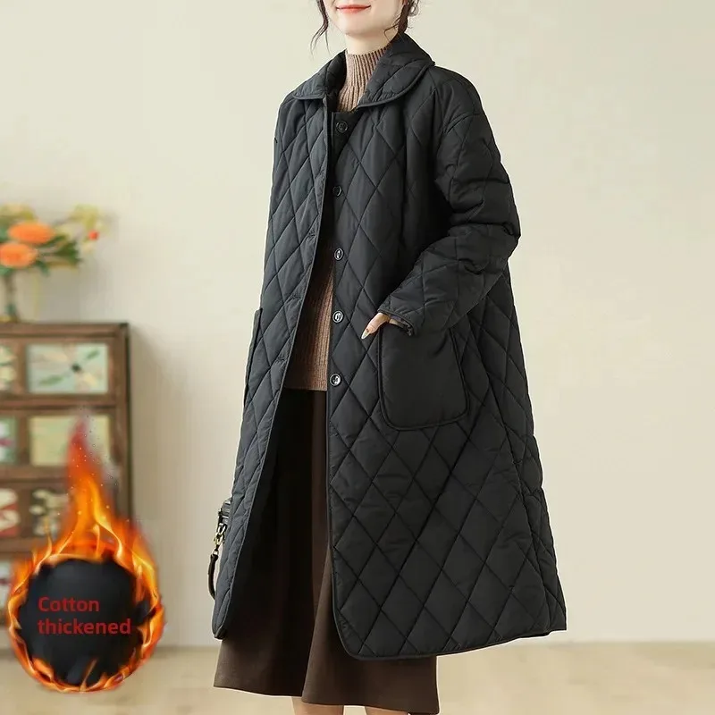 

Loose Women's Mid-Length Over-Knee Cotton Jacket Diamond Grid Ins Winter Clothes Slimming Versatile Cotton Coat