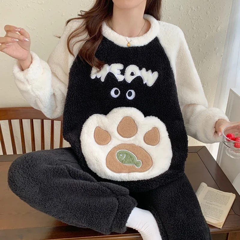 2024 Winter Long Sleeve Thick Warm Flannel Pajama Sets For Women Cute Cartoon Coral Velvet Sleepwear Pyjama Pijama Mujer Clothes