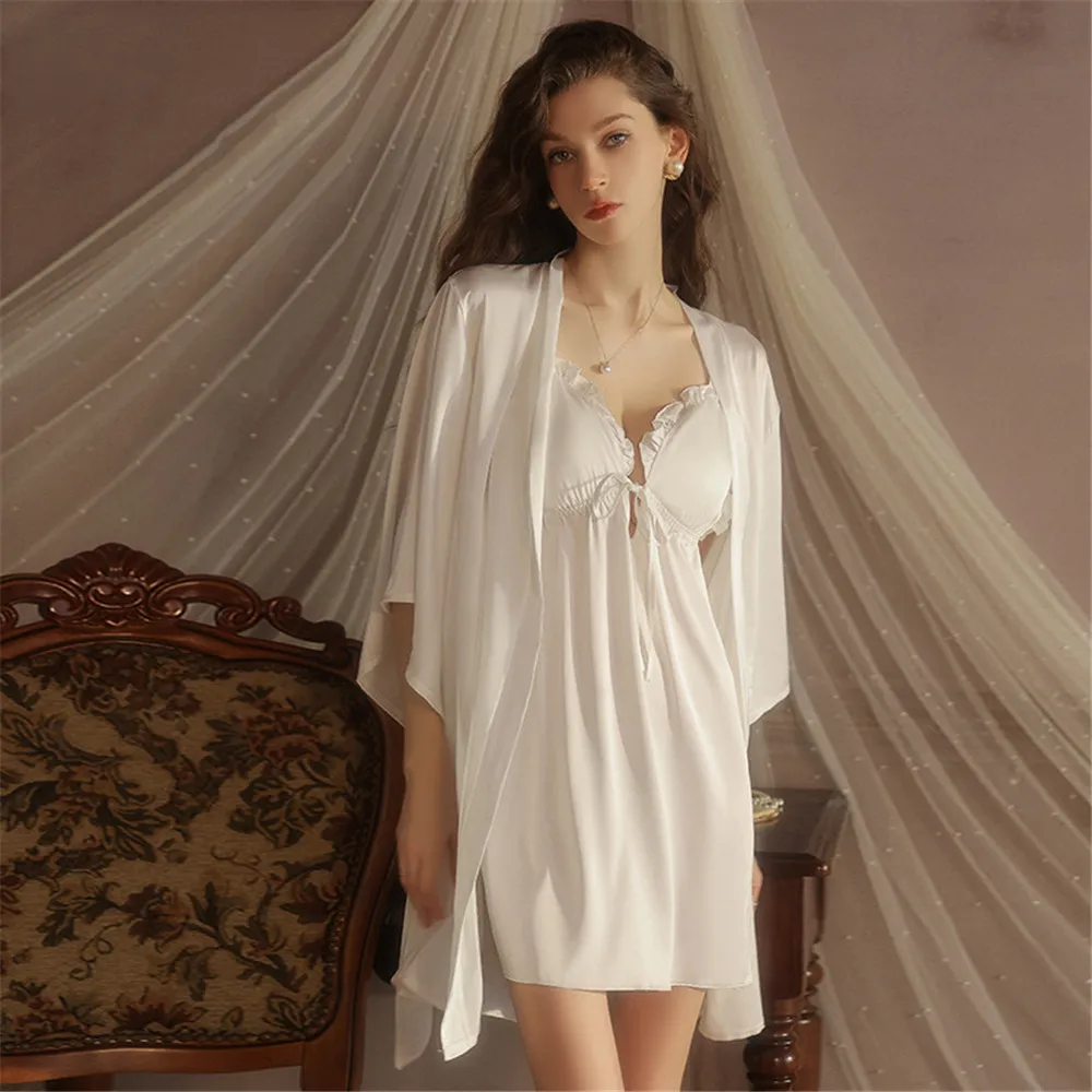 

Sexy Deep V-Neck Nightdress Female Twinset Robe Set Suspender Nightgown Summer Satin Sleepwear Home Wear
