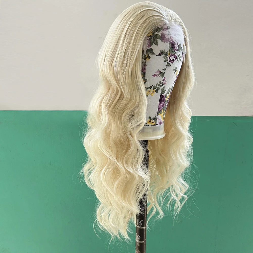 AIMEYA Wig sintetis pirang Wig renda untuk wanita alami garis rambut Wig sintetis renda Frontal Wig prepked bergelombang penggunaan Cosplay