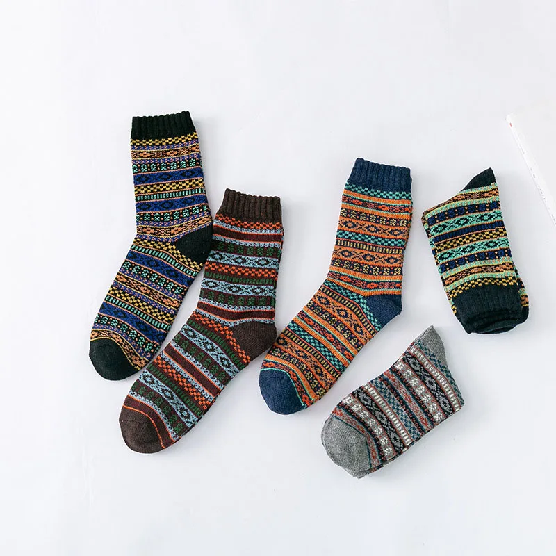 5 Pairs/Lot Men\'s Thick Wool Socks Autumn And Winter High Quality Japanese Vintage Stripes Warm Comfortable Soft Socks EU 38-44