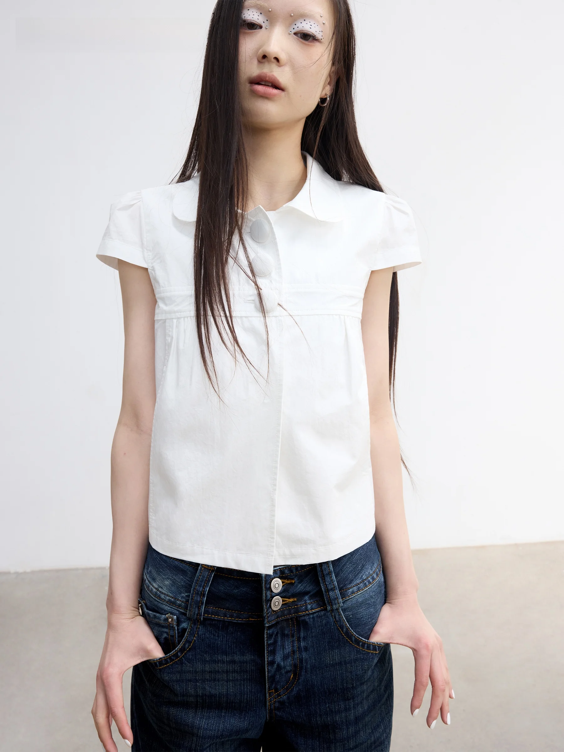 

VERMO Summer Casual Style Baby Doll Collar Short Sleeve Long Velvet Cotton Shirt Women's Fashion Straight Cut Chinese Origin
