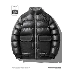 Winter new men's cotton thickened jacket slim stand-up collar splicing PU leather large pocket cotton-padded coat men