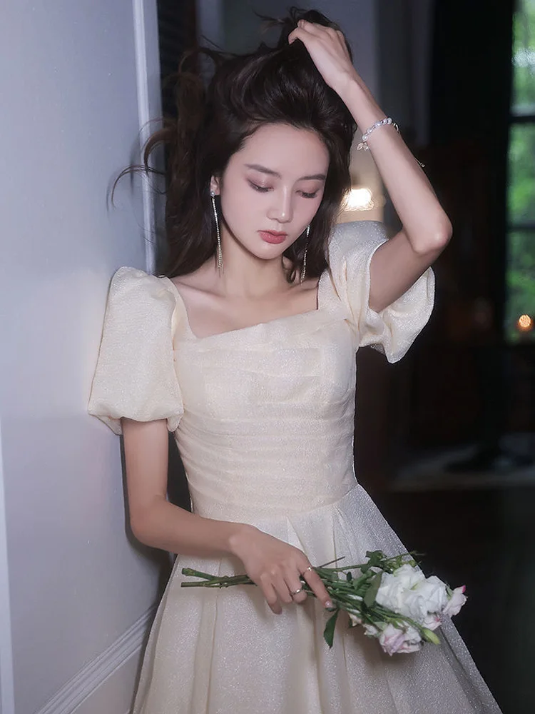 

Evening Dress 2023 Temperament Simple Square Collar Long Princess Dresses Romantic Puff Sleeve Birthday Party Gown