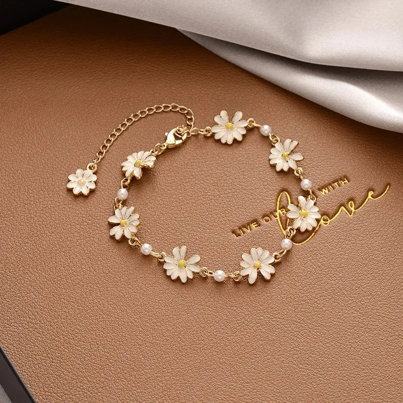 Classic Design Trendy Pearl Beaded Chains Bracelets for Women Sweet Gold Color Stainless Steel Bangles Party Jewelry Girl Gift