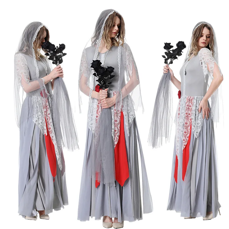 Ghost Bride Costume Women Bridal Veil Ghost Bridal Dress with Necklace Waist Lace Apron Printed Long