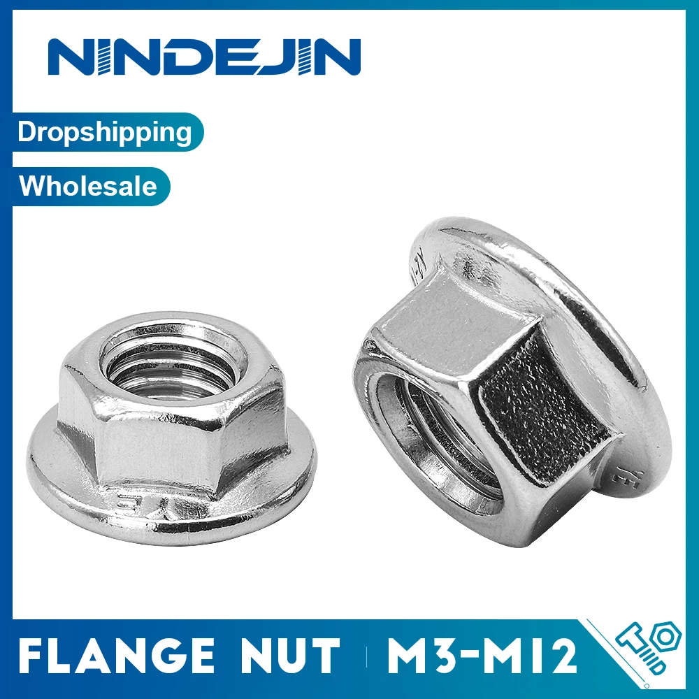 NINDEJIN 10/25/30/55pcs Stainless Steel Hexagon Flange Nut M3 M4 M5 M6 M8 M10 M12 Zinc Plated Carbon Steel Flange Nut DIN6923