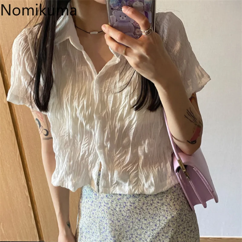 Nomikuma Crop Top Summer Turn Down Collar Pleated Hollow Out T Shirt for Women Vintage Harajuku Fashion Sexy Y2k Streetwear