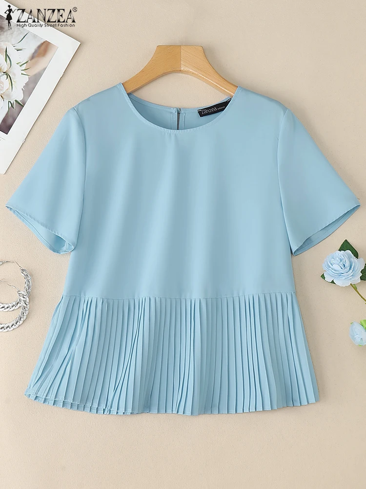 

ZANZEA Womens Casual Pleated Hem Blouses 2025 Summer O-Neck Short Sleeve Solid Color Blusas Mujer Day Wear Fashion T-Shirts Tops
