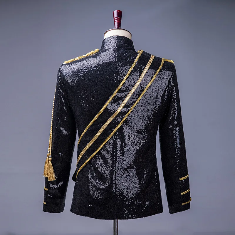 Men's Black Stand-up Collar Jacket in A Court-style Design with Gold Buttons; Ideal for Nightclubs, DJs, Stage Performances.