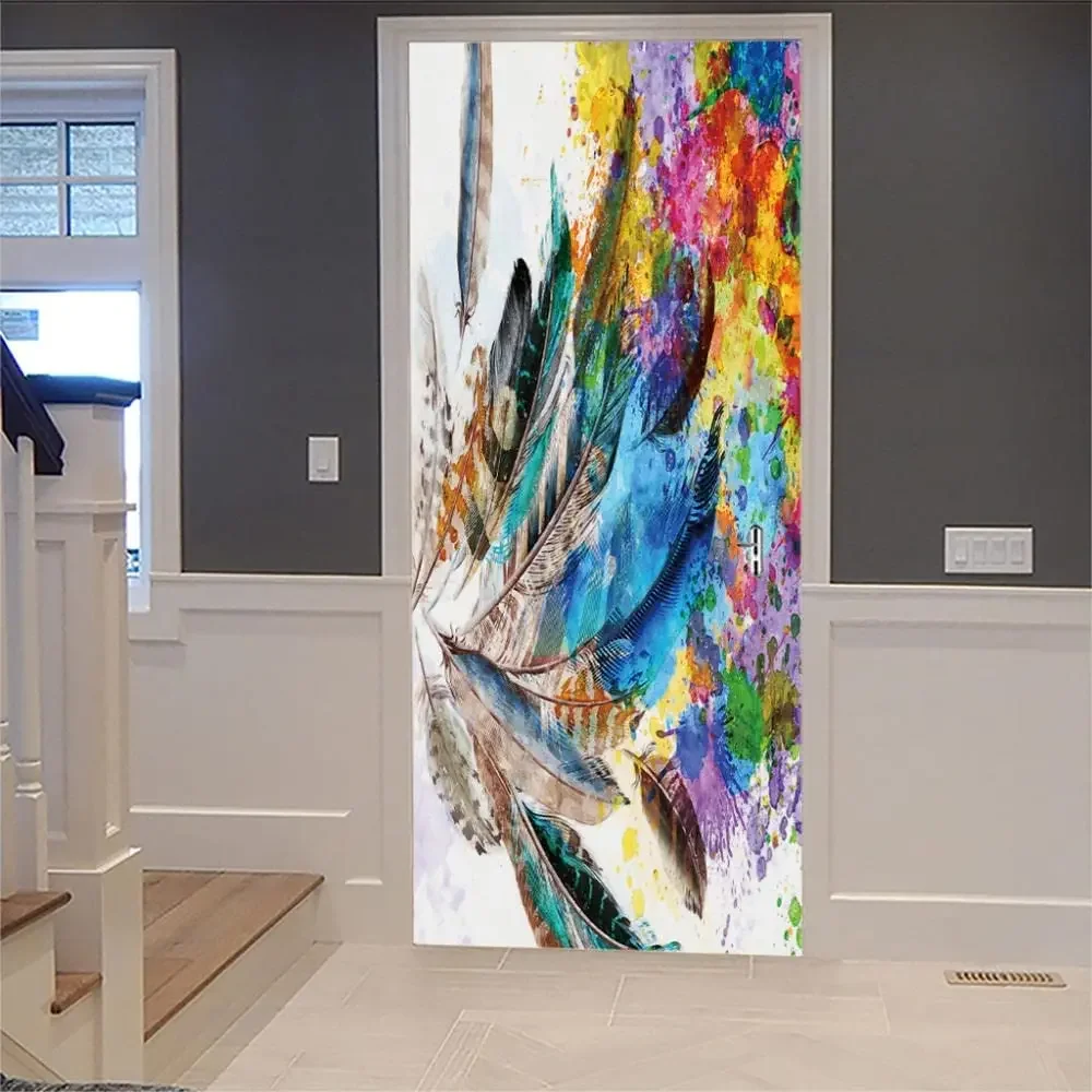 Feather Splash Ink Door Stickers Peacock Feather Door Mural Sticker Self-adhesive Animal Fur Decal Wallpaper Home Bedroom Decor