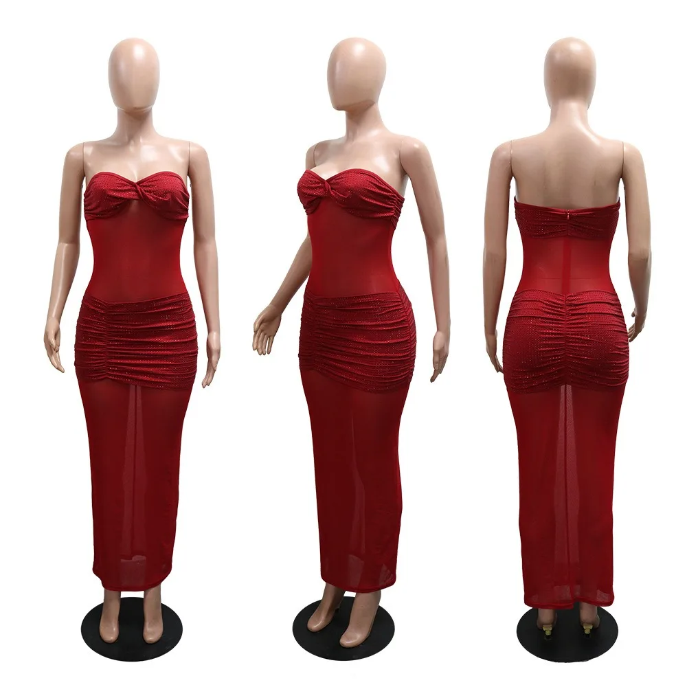 HLJ مثير شبكة حجر الراين المرقعة Bodycon فستان طويل امرأة انظر من خلال أكمام فساتين عارية الذراعين الإناث الشارع الشهير Vestidos