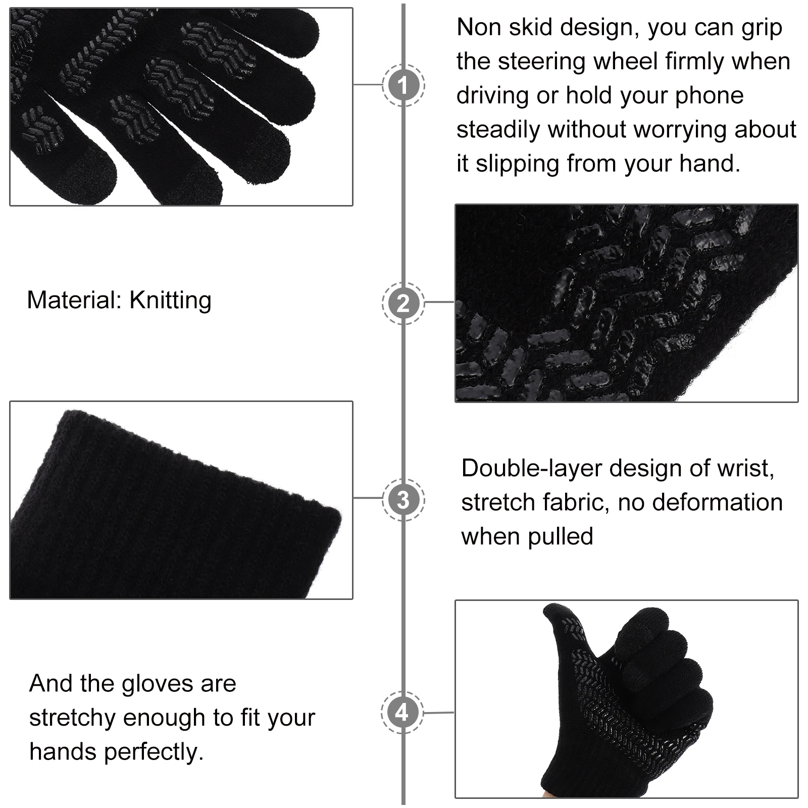 

1 Pair Screen Gloves Winter Thickened Full Finger Knitted Mitts Non Skid Grip Driving Cycling Outdoor Windproof