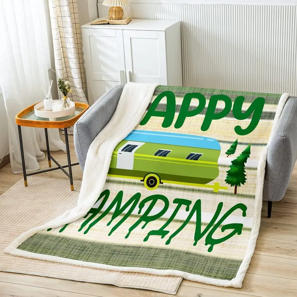 

Happy Camping Fleece Throw Blanket for Kids Camper RV Camping Plush Blanket Sherpa Blanket Bedroom Decor Camper