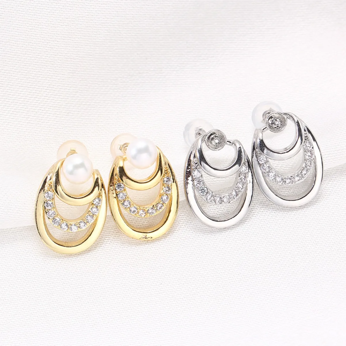 Geometric Women Brass 14K Gold Filled Triple Layer Round CZ Blank Setting Handmade Findings For DIY Pearl Stud Earring