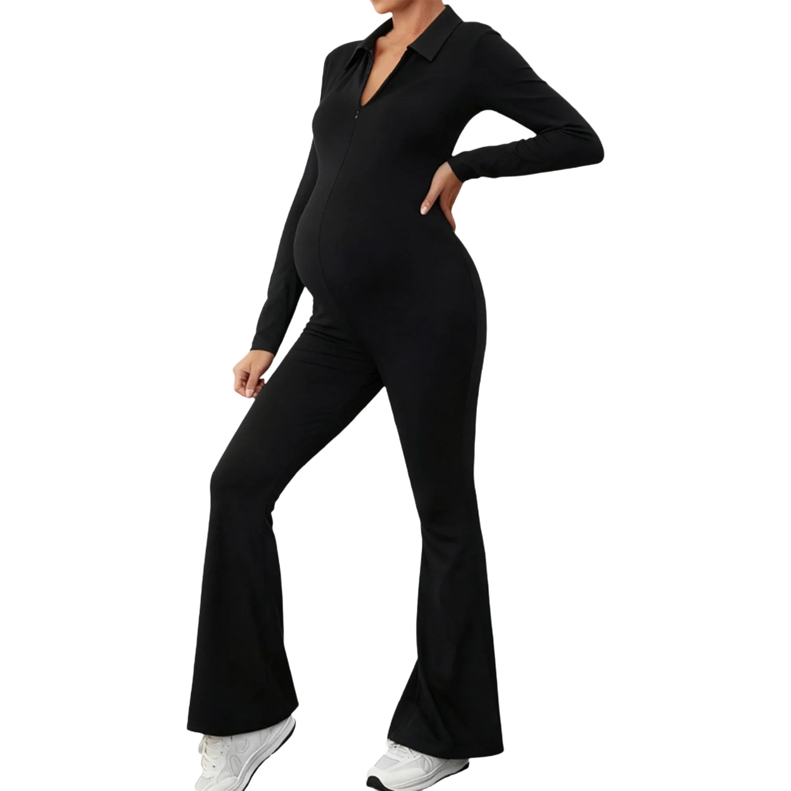 Pregnant Women Workout Flare Jumpsuit Long Sleeve V-Neck Zipper Slim Fitting Butt Lifting Romper for Daily Office Work Sports