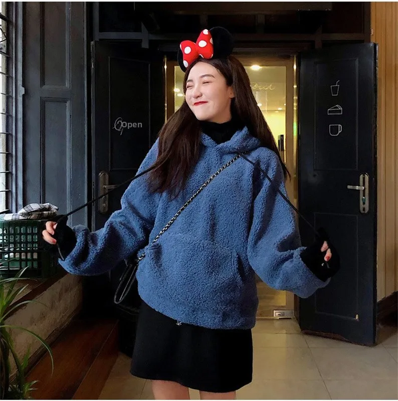 

Lamb Fur Lined Hoodie Women's Thickened Autumn Winter Loose Style Korean Version Fake Two-Piece Jacket round Neck Long Sleeve
