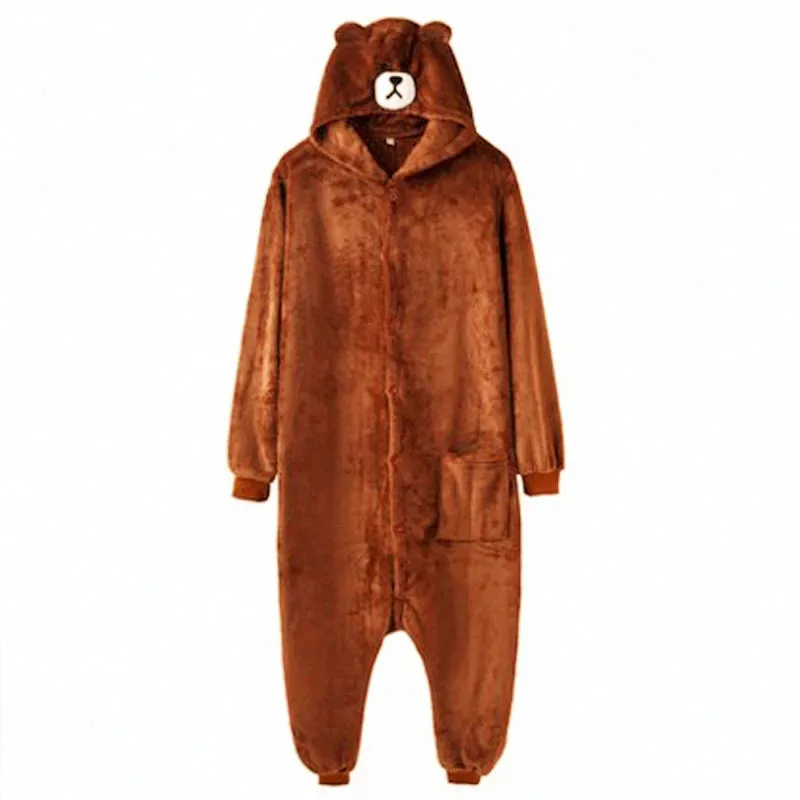 

HKSNG Adult Plus Size XXL Bear Onesie Kigurumi Flannel Animal Party Zipper Button Overalls Kumamon Pajamas Suit Jumpsuit