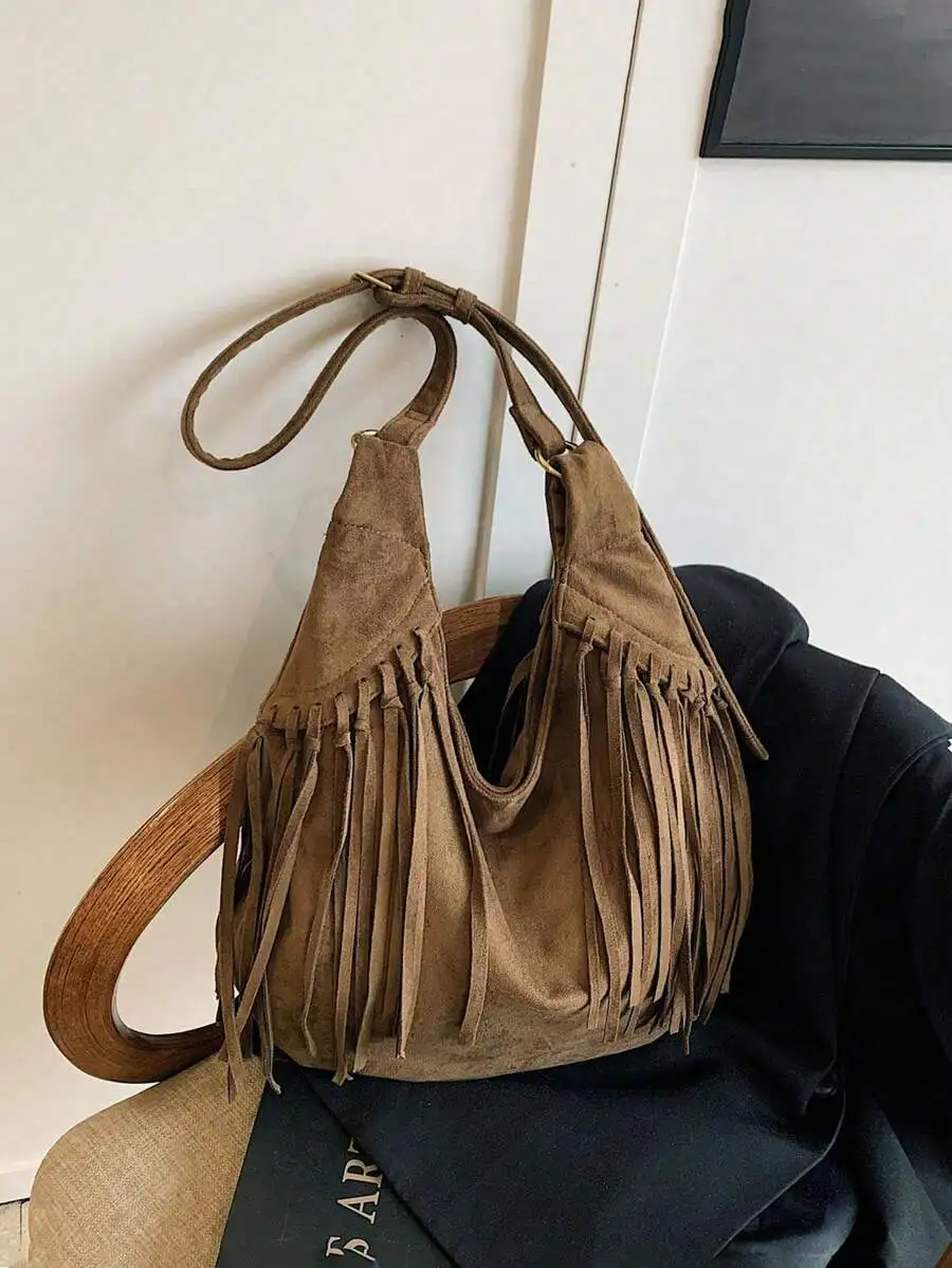 

Сумка-хобо из замши с бахромой и регулируемым ремнем, вместительная женская сумка через плечо