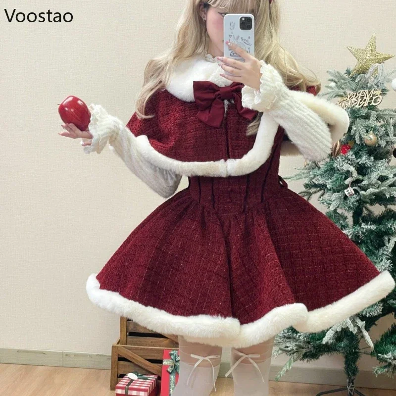 

Elegant Bow Plush Shawl Short Jackets Mini Skirts Suit Kawaii Christmas New Year 3 Piece Set Sweet Lolita Style Dress Sets Women