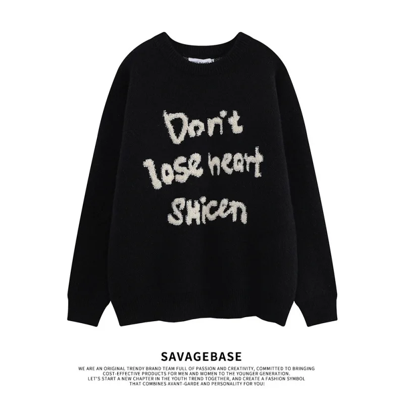 Men's Oversized Knitted Sweaters Hip Hop Funny Letters Printed Jumpers Harajuku Casual Loose O-Neck Pullover Unisex Streetwear