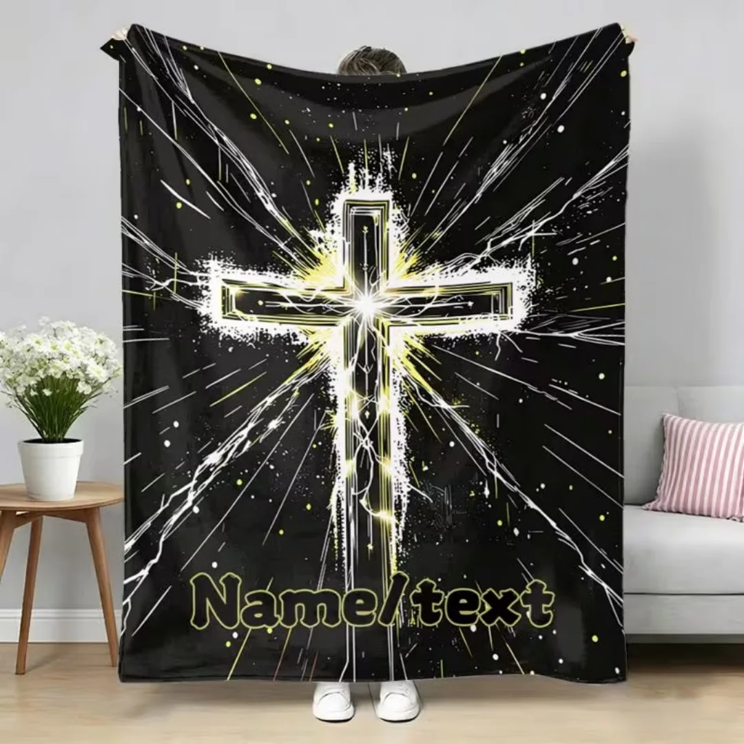 Personalized Custom Name Text Cross Print Flannel Blanket Soft Warm Digital Printed Throw Blanket for Sofa Bed Travel Camping Ho
