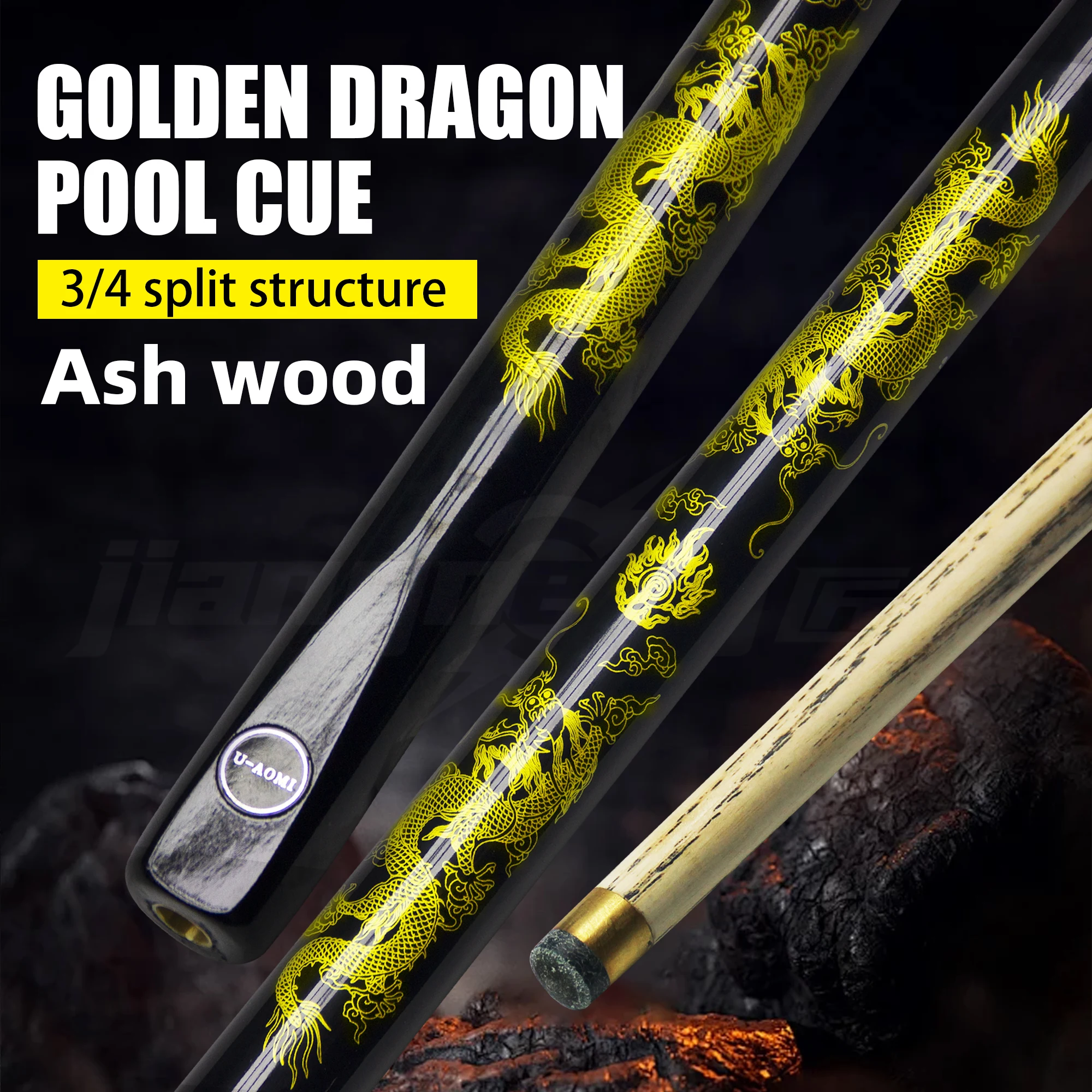 

Роскошный бильярдный кий с узором золотого дракона — взрывозащищенный латунный наконечник и хвост, структура 3/4