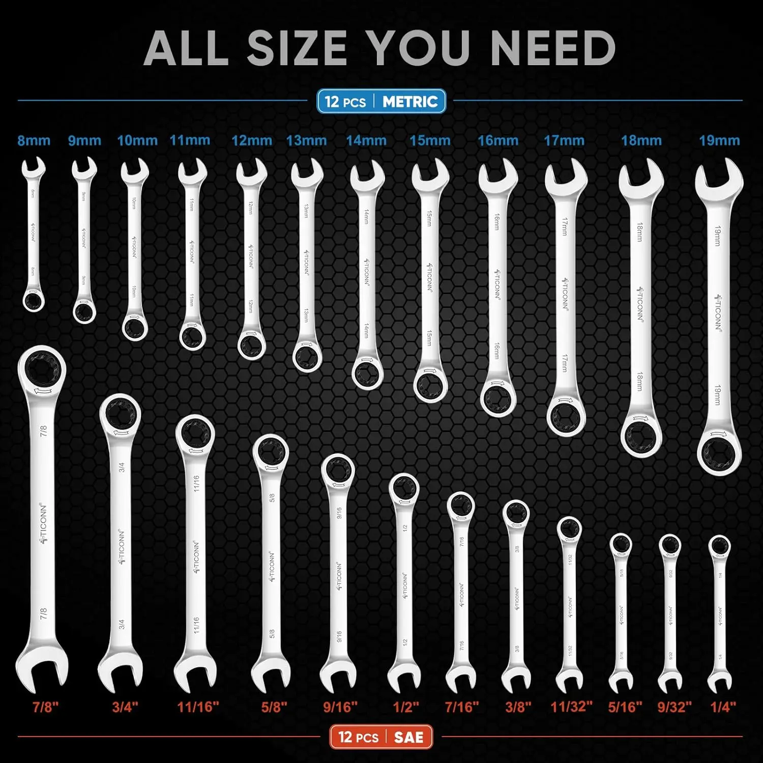 24PCS Ratcheting Wrench Set with Organizer Rack, Professional Slim Profile Mechanic Cr-V Ratchet (12PCS Inch (SAE) & 12PC