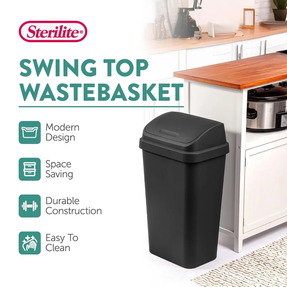 Sterilite Swing Top Wastebasket, Trash Can, 13 Gallon, Black, 8-Pack