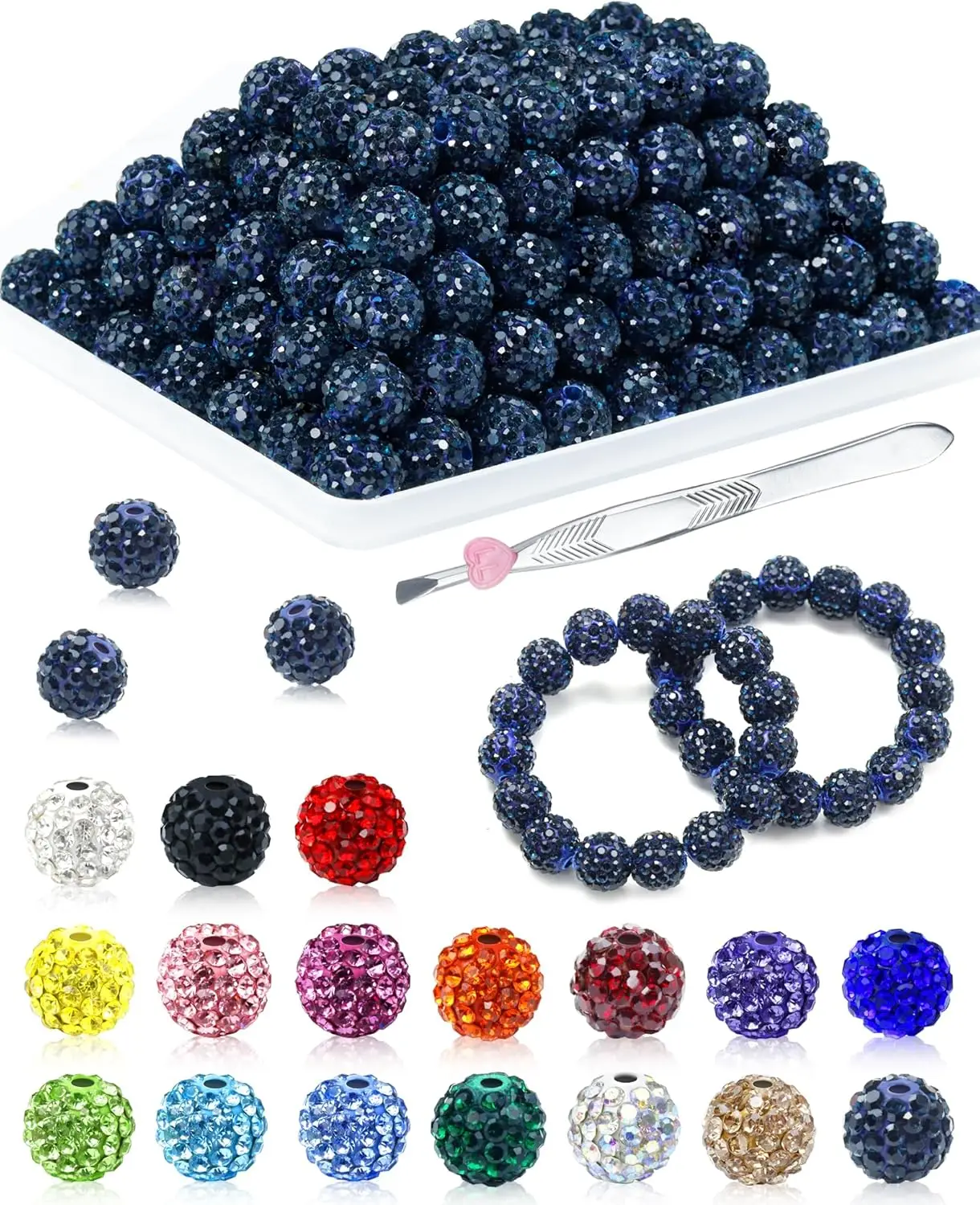 

FIVEIZERO Rhinestone Beads for Jewelry Making, 10mm Blue Black Shiny Round Sparkle Crystal Clay Bead Bulk Sparkly Baseball Neckl