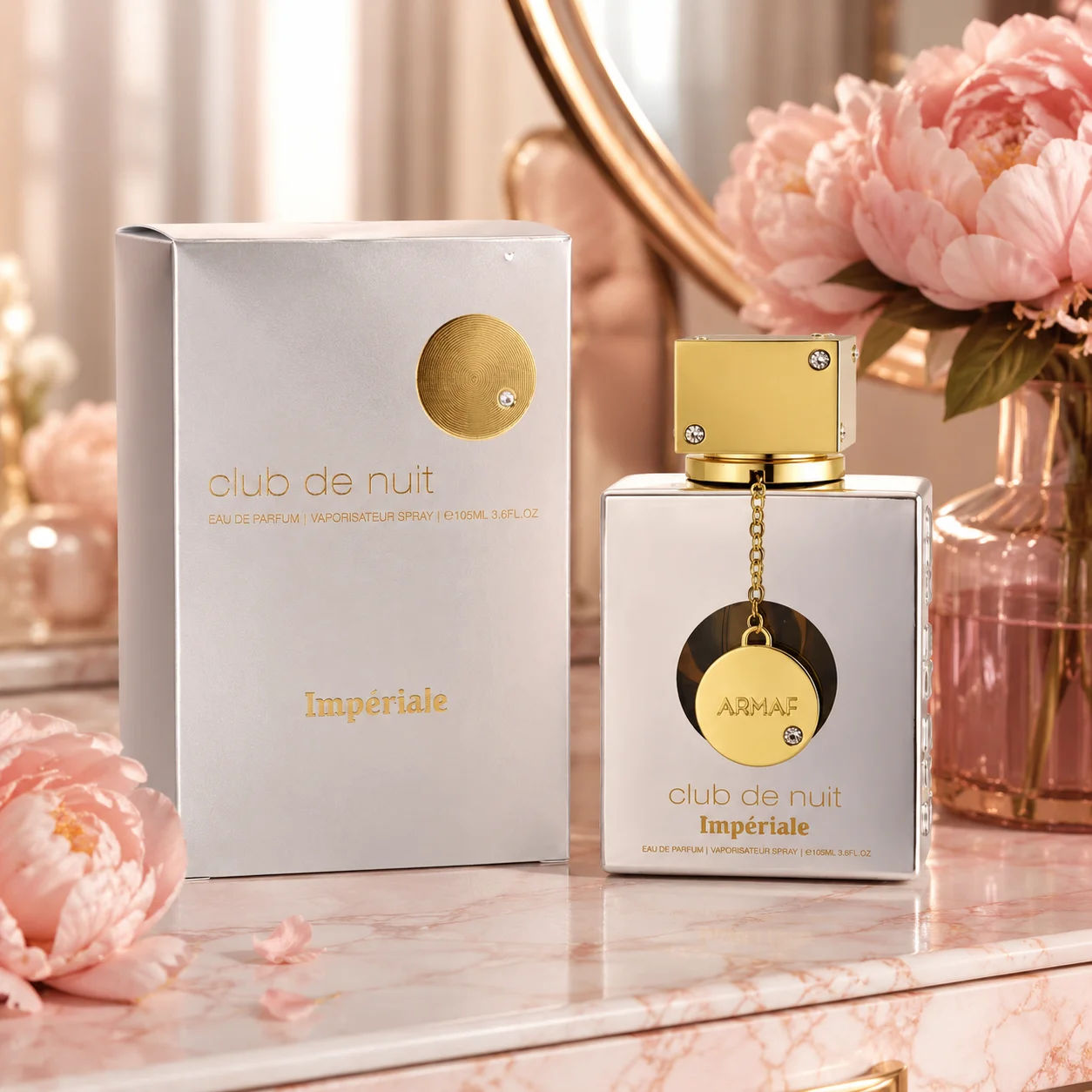 

Imperiale Unisex Perfume Silver Matte Bottle Gold Rhinestone Cap With Hanging Round Pendant Classic Floral Woody Scent Premium Coordinated Gift Box For Men Women