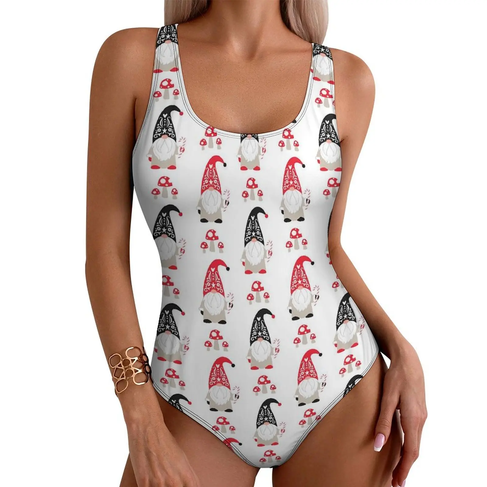 

Christmas Gnome Swimsuit Sexy Holidays Snowflakes One-Piece Swimwear Push Up Bodysuit Stylish Holiday Surf Beach Wear