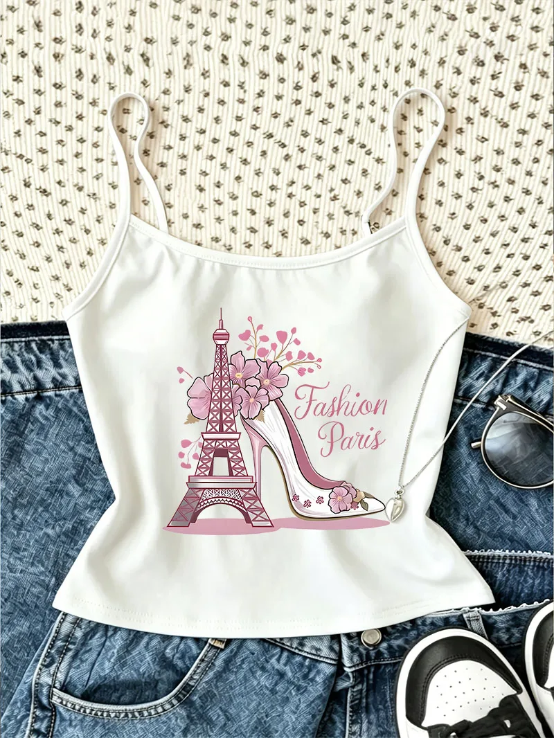 Fashion Paris Flower Print Retro Casual Crop Top Camisole Top Aesthetic Vest Spring Summer Chic Women'S Tank Top