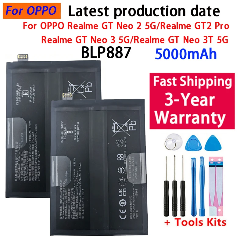 

BLP887 5000mAh Battery For OPPO Realme GT Neo 2 5G/GT2 Pro/GT Neo 3T 5G Batteries New High Quanlity+Tools
