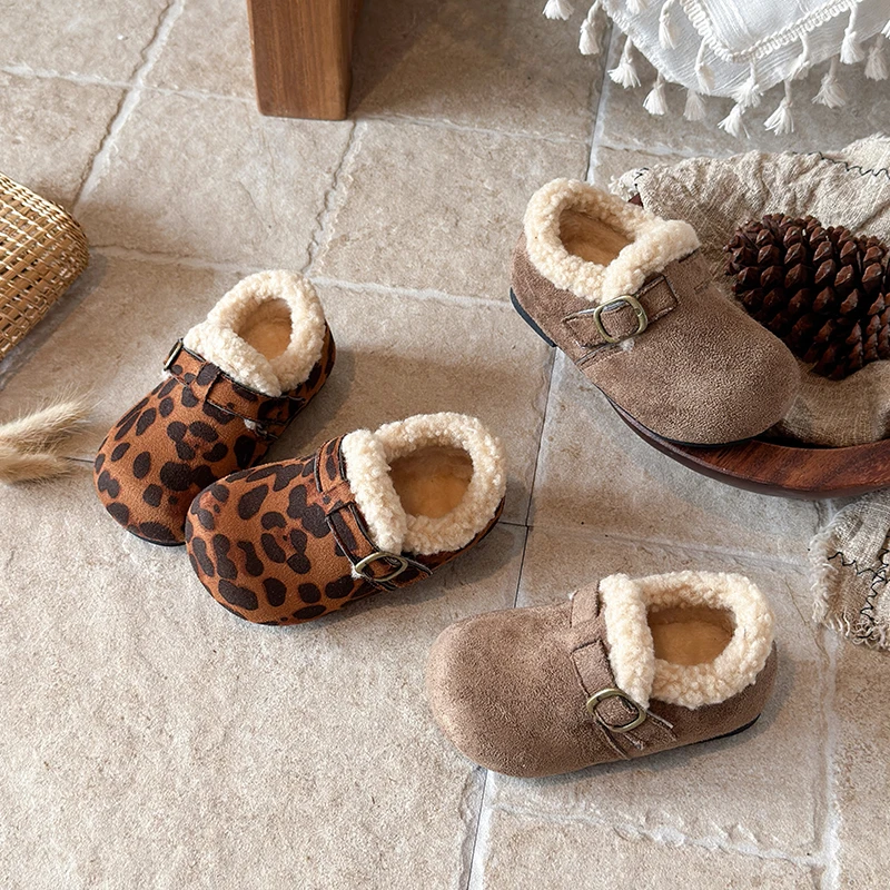 New Winter Children's Shoes Vintage Fashion Leopard Boys Girls Causal Flat Shoes Outdoor Warm Non-slip Kids Flurry Cotton Shoes