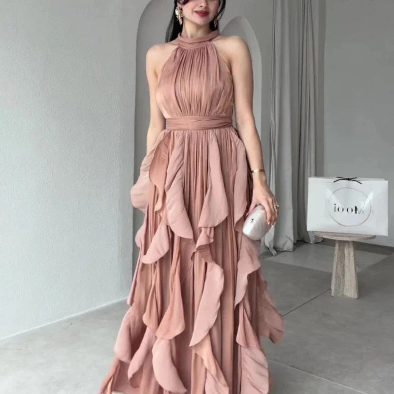 Sleeveless Ruffle Maxi Dress Women, Halter High Waist Vintage Pink, Party Wedding Elegant Long Dress, Spring Summer Vestidos