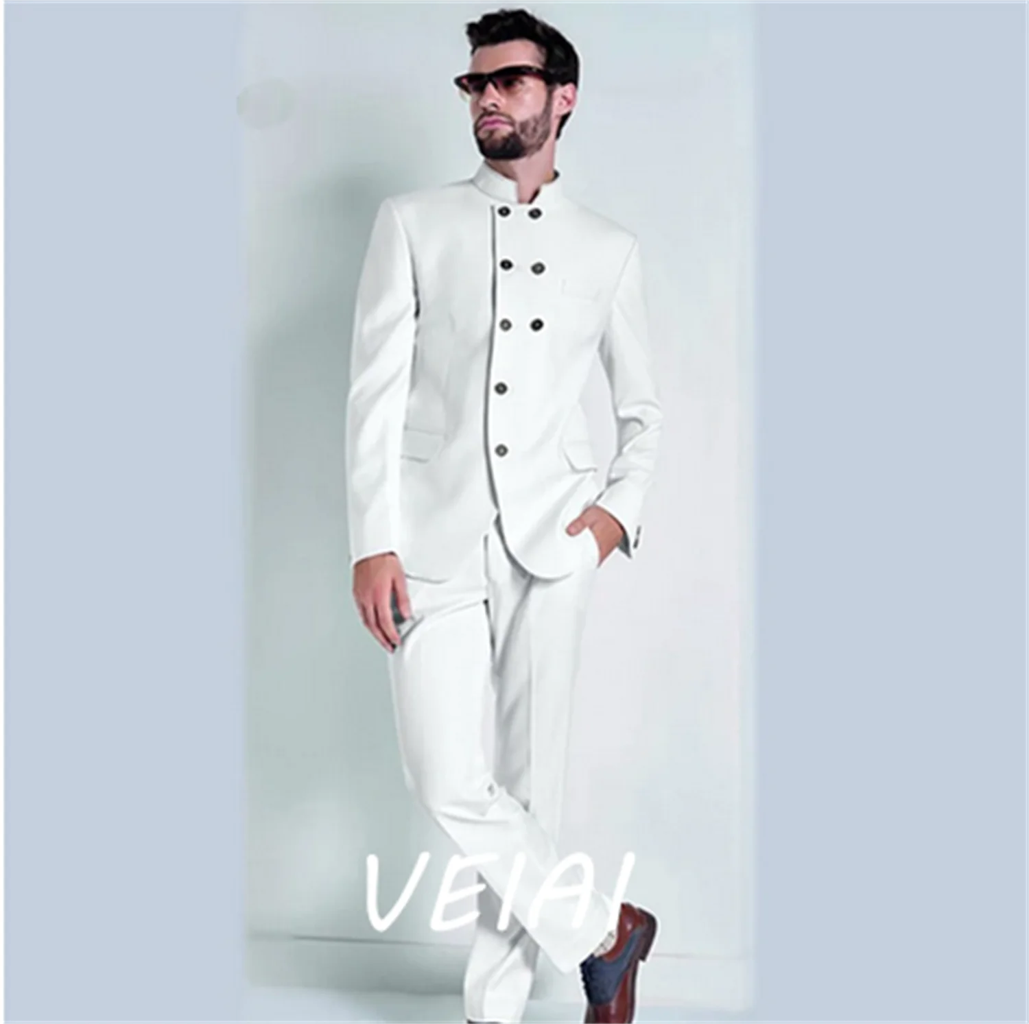 

CustomizedTraje de hombre blanco trajes de boda novio Stand Collar Blazer hecho a medida Slim Fit Casual esmoquin mejor Hombre T