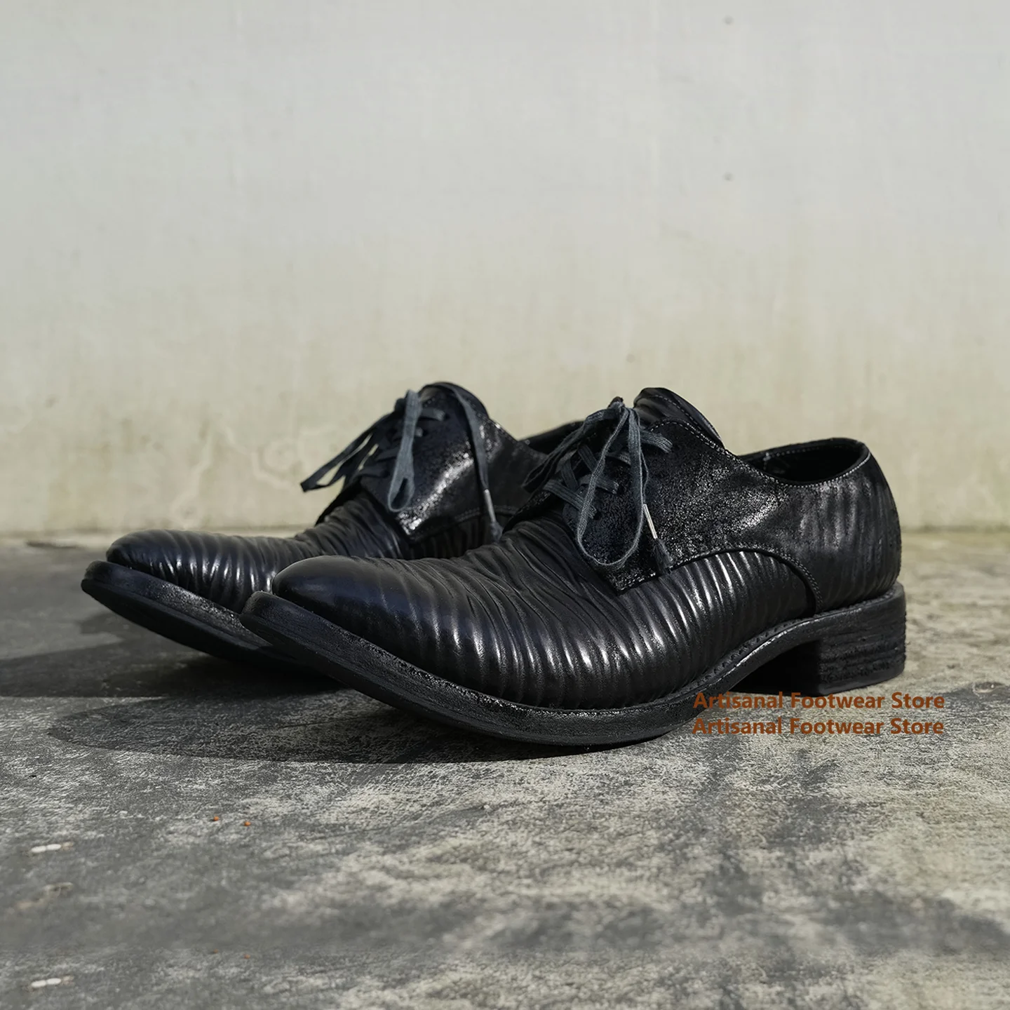 Vintage Black Wrinkled Leather Derby Shoes Handmade Textured Washed Cow Leather Lace-Up Casual Dress Shoes ﻿Trendy Men's Shoes