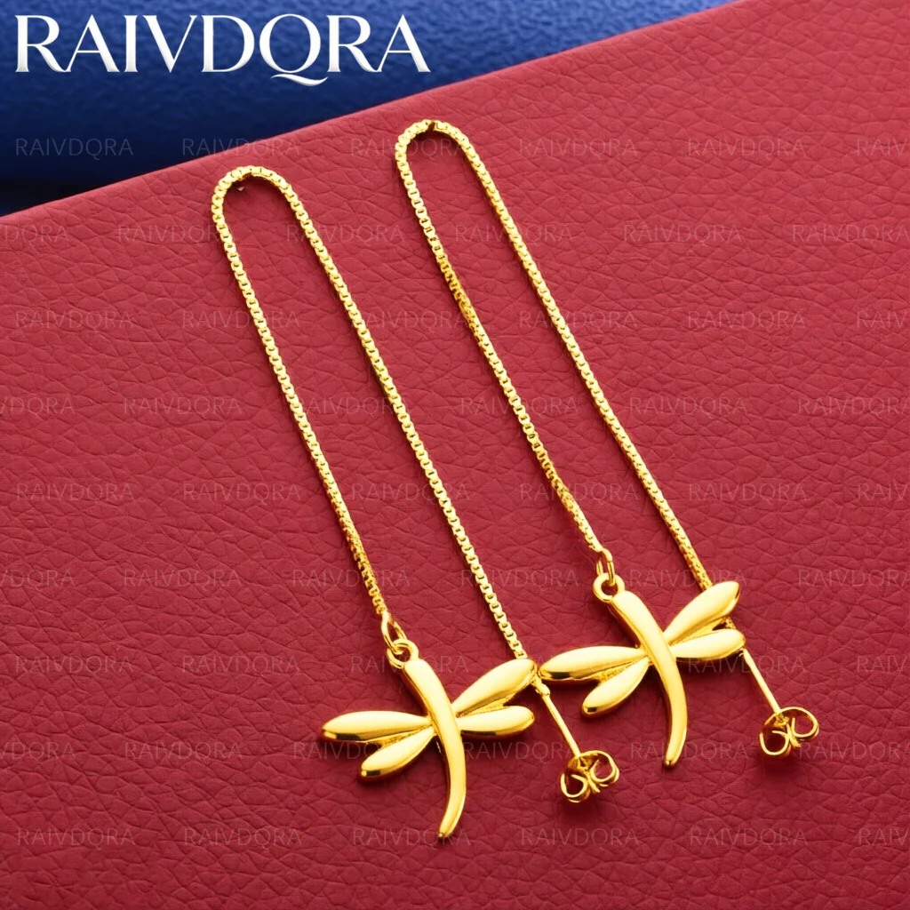 18K Gold Plated Fine Cute Dragonfly Long Drop Earrings For Woman Fashion Wedding Party Charm Jewelry Gift