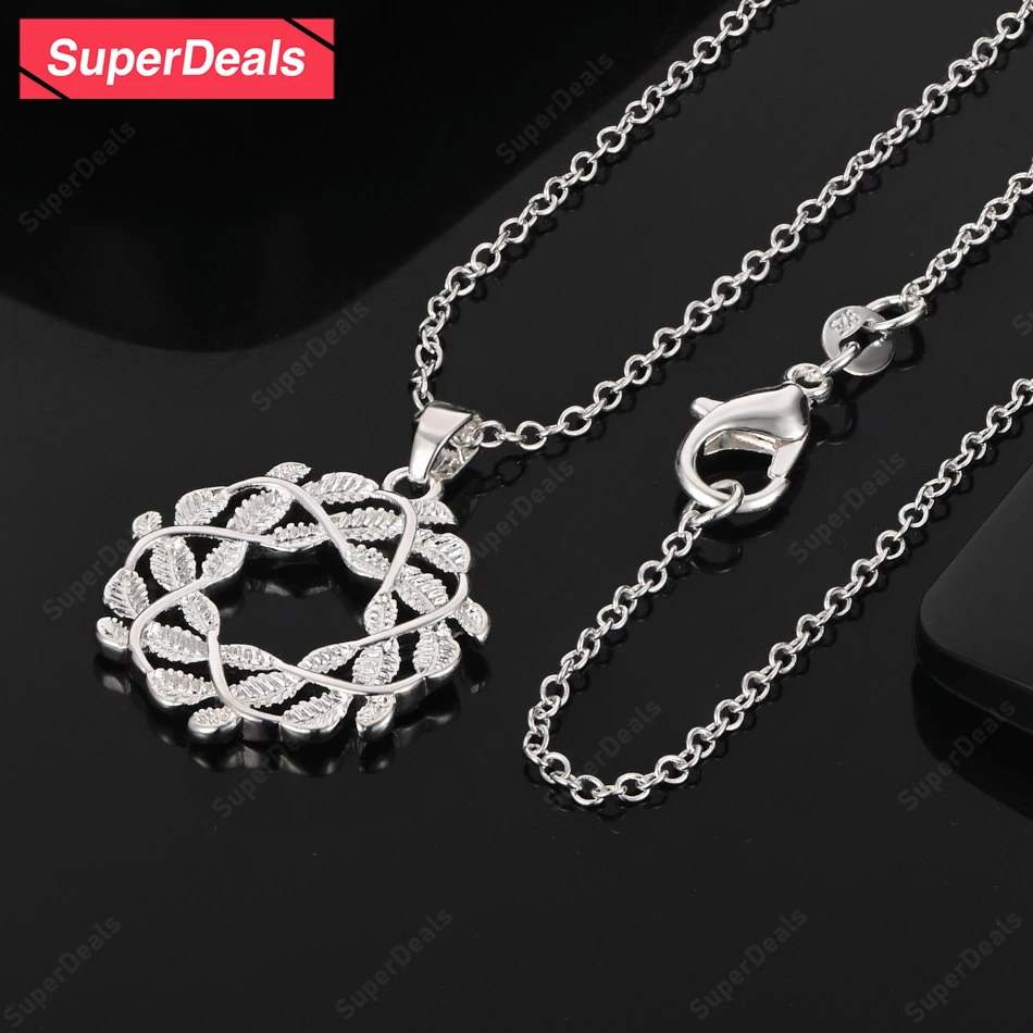 

SuperDeals 925 Sterling Silver Round Leaf Pendant Chain Necklace Beautiful Elegant Jewelry Women Charm Wedding Party Gifts