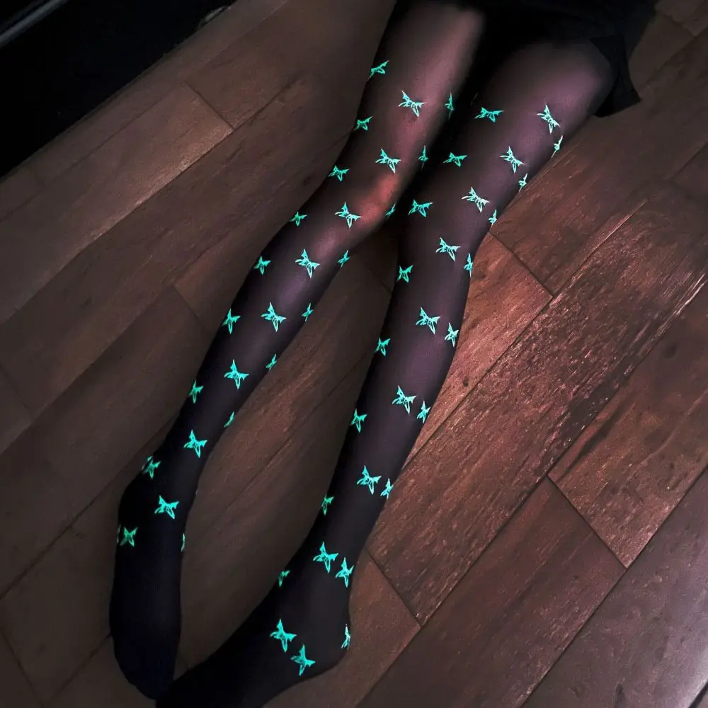 Transparent Glow in The Dark Luminous Pantyhose Butterfly Heart Pattern Printing Tights Elastic Balck Sexy Pantyhose Club