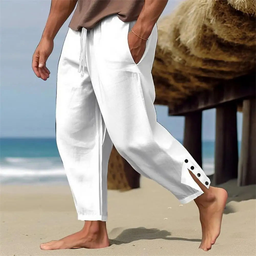 Men Pants Solid Color Pants Quick-drying Men's Sweatpants with Side Pockets Drawstring Waist for Gym Training Beach Activities