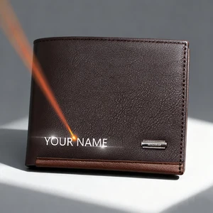 High Quality Name Engraving Men's Short Wallet Simple Coin Pocket Male Purse with Card & Photo Holder Classic Money Clip