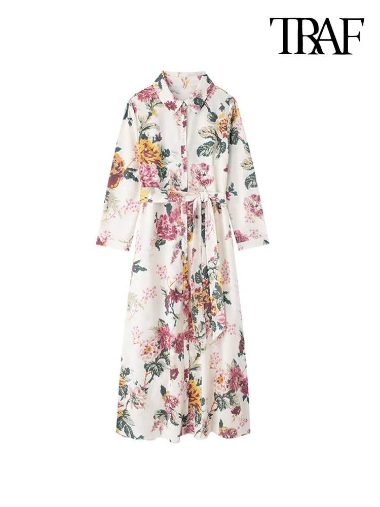 TRAF-Women\'s Floral Print Linen Midi Shirt Dress with Belt, Long Sleeve, Button-up, Female Dresses, Chic Fashion