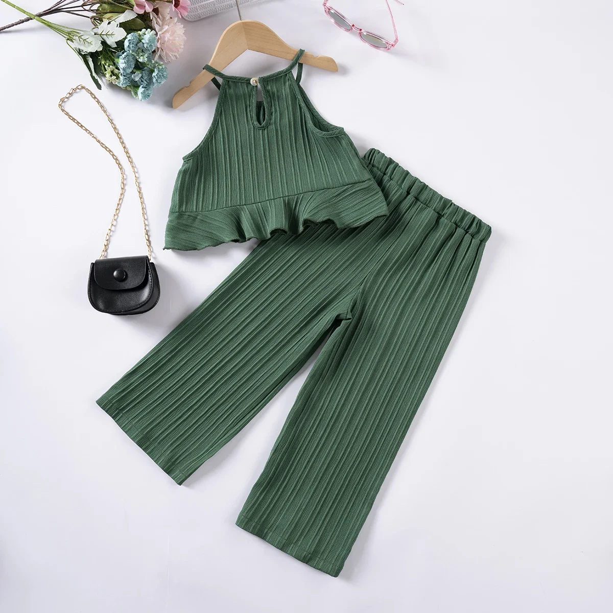 Girl\'s Summer Suit Draped Clothes Solid Color Casual Two-piece Sleeveless Wavy Edge Top + Pants Elastic Waist Skin-friendly