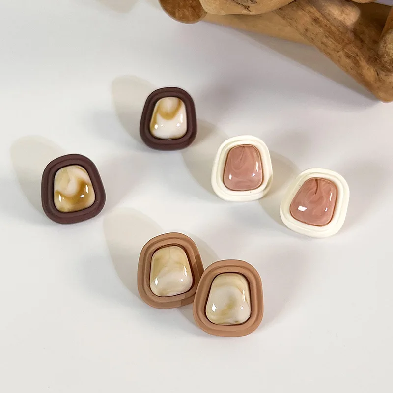 Coffee Bean Stud Earrings Square Shape French Vintage Beige Brown  Alloy Post Elegant Versatile Daily Commute Jewelry Women