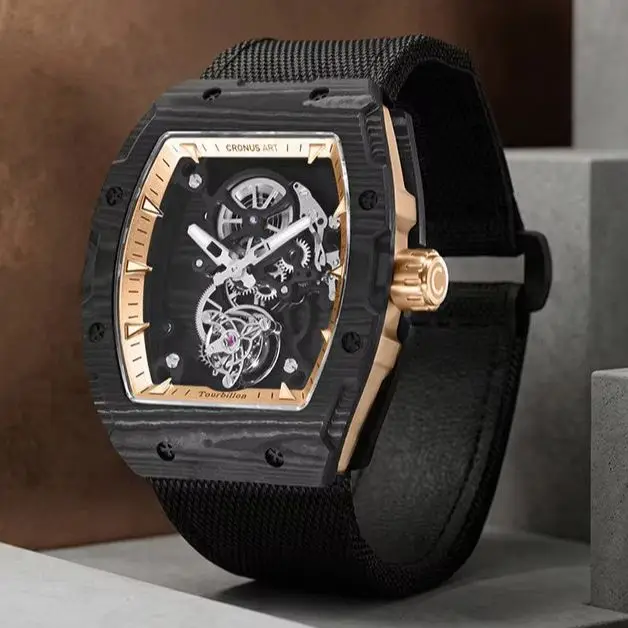 CRONUSART Men Tourbillon Watch Tonneau Mechanical Wristwatch Carbon Fiber Case Luminous Sapphire Mirror Skeleton Nylon Strap