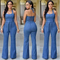 Aliexpress New Design Women Sleeveless Jumpsuits Ladies Blue Denim Jeans Jumpsuit