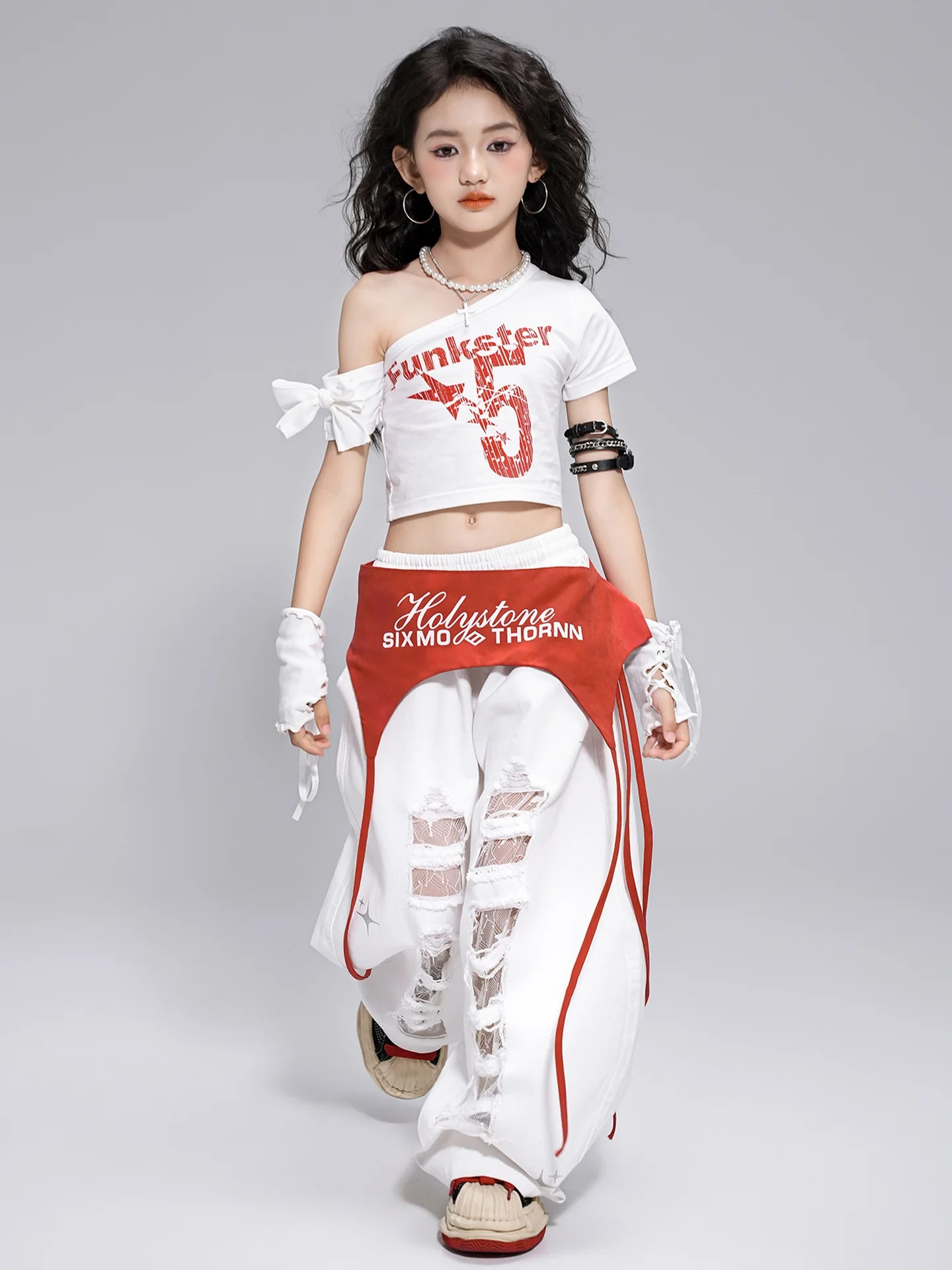 Meisjes Kpop Dans Hip Hop Jazzdans Kostuums Wit Schuine Schouder Tops Broek Pak Praktijk Street Dance Wear Kleding DQL10986