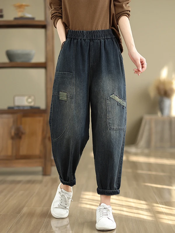 

plus Size Women's Casual Loose Slimming Denim Elastic Waist Patchwork Harlan Pants Autumn New Sle Comfortable Artistic Cott...